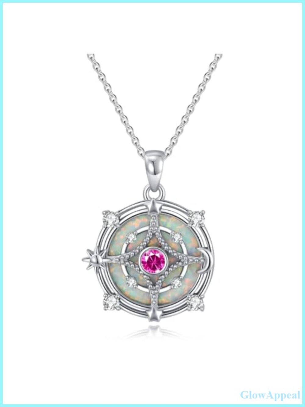 925 Sterling Silver Opal Compass Necklace Sun Moon Star Pendant